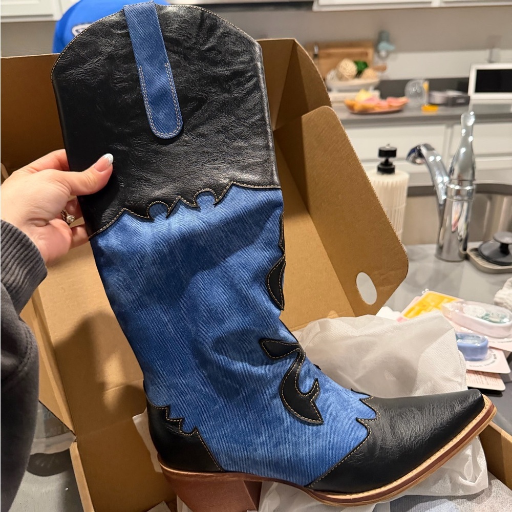 Women Denim Cowboy Boots with Black Accents - Picture 3 of 5